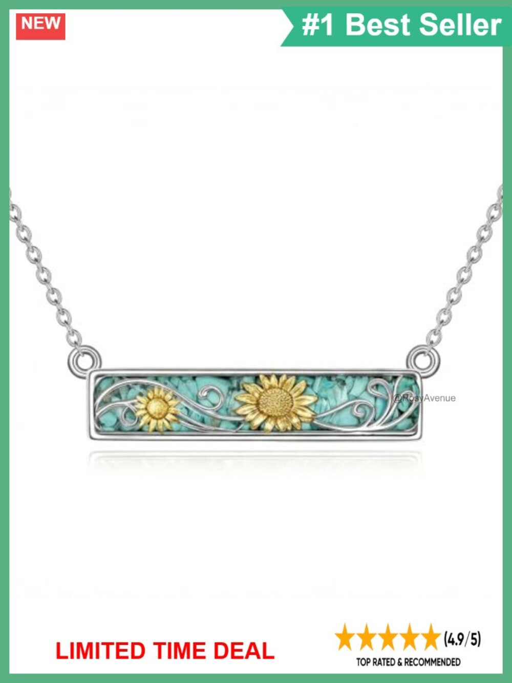 S925 Sterling Silver Turquoise Sunflower Pendant Necklace, Gemstone Jewelry